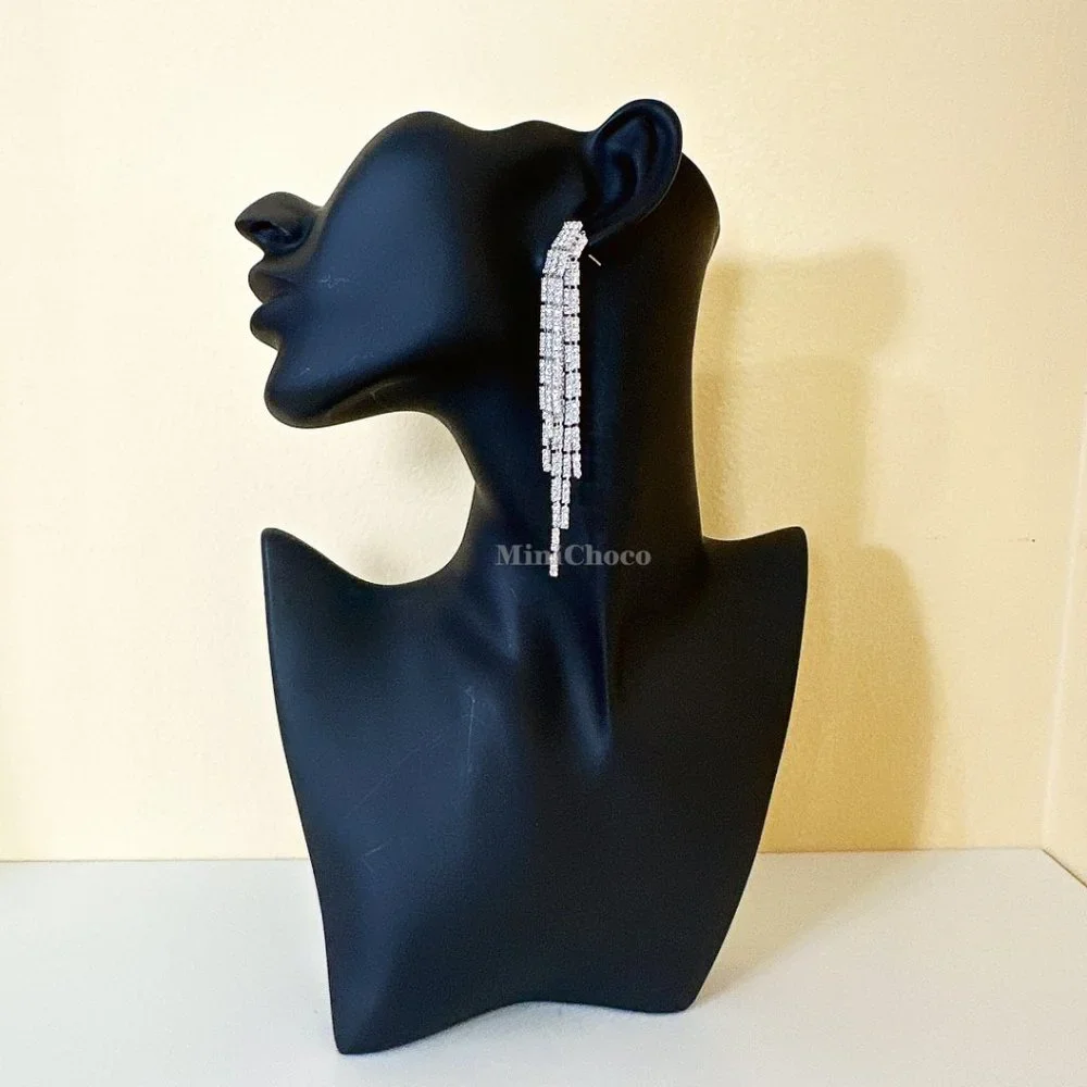 Silver Tone Rhinestone Fringe Double layer Earring - Picture 6 of 8